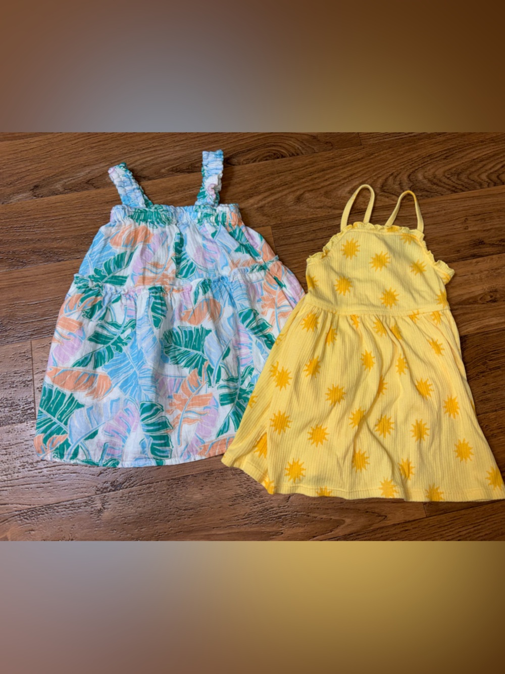 2 Cat & Jack Girls Sundresses— Yellow Sun & Tropical Leaf Prints 2T